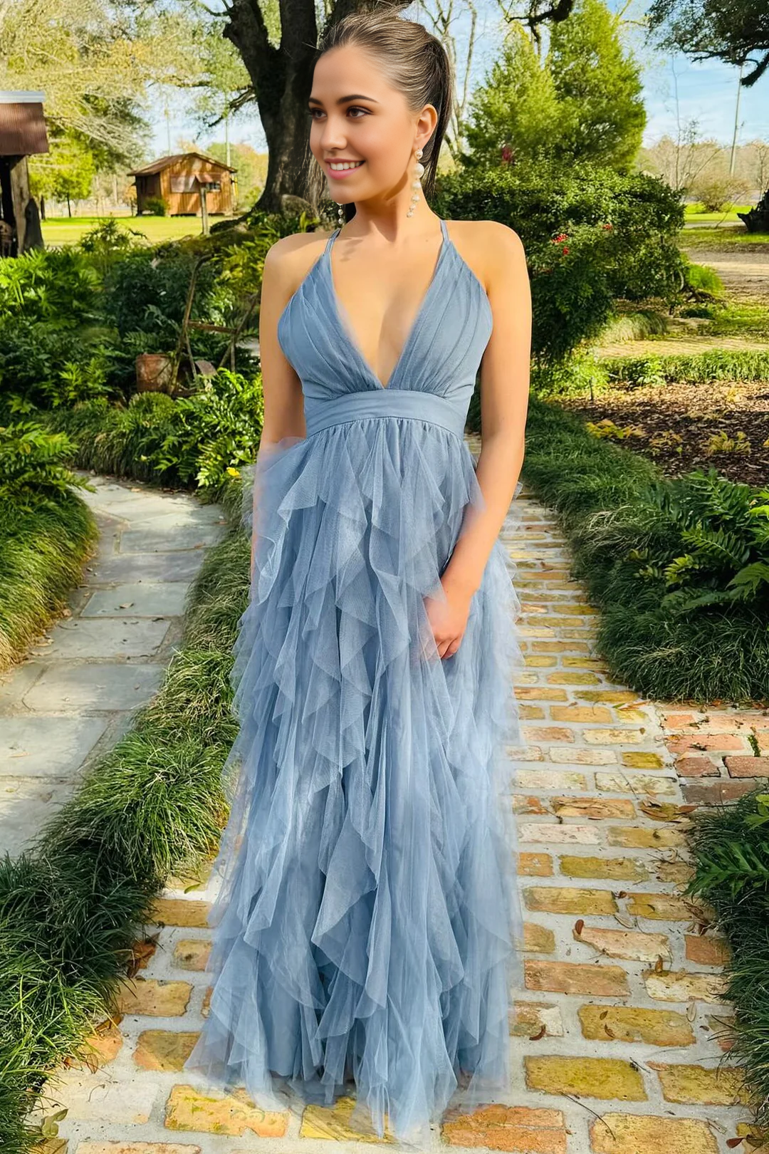 A-line Deep V Cross-Back Plunge V Ruffle formal dresses evening gown Prom Dress